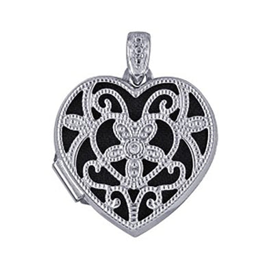 Sterling Silver Heart Shaped Filigree Locket Diamond Set