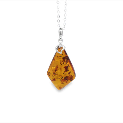 Sterling Silver Chunky Diamond Shaped Amber Wire Detail Pendant