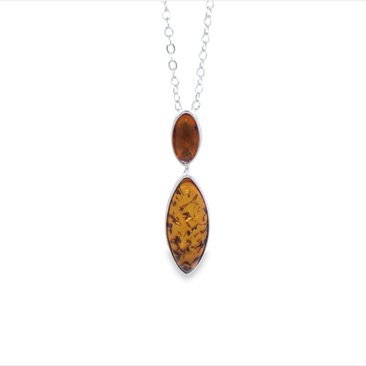 Sterling Silver Marquise Shaped Amber With Oval Amber Top Pendant