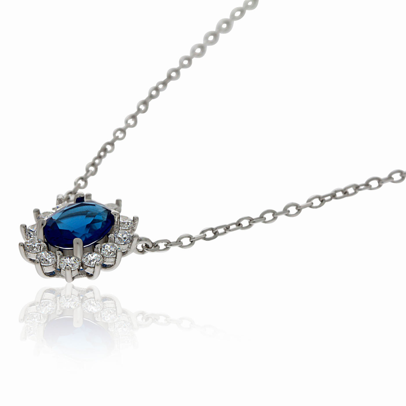 Silver Oval Blue And White Cubic Zirconia Cluster Pendant