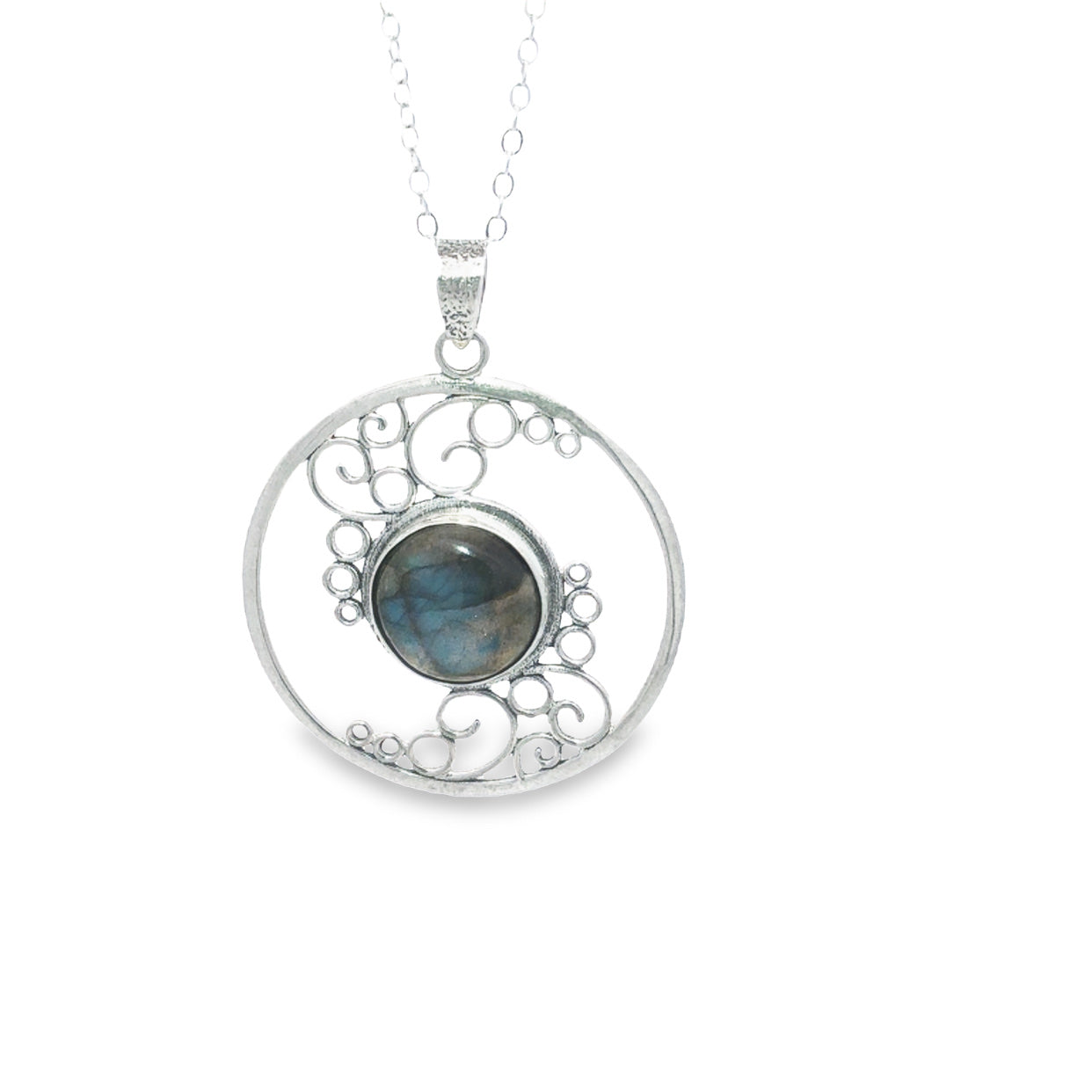 Onatah Sterling Silver Circle Filigree Bezel Set Labradorite Pendant