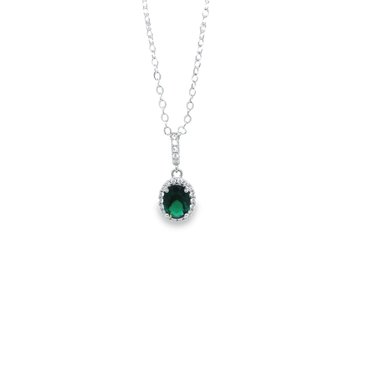 Sterling Silver Rhodium Plated Green And White Cz Halo Pendant