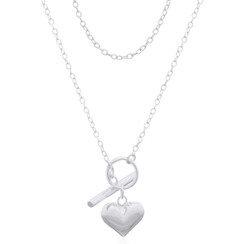 Sterling Silver Puff Heart And T Bar Necklace