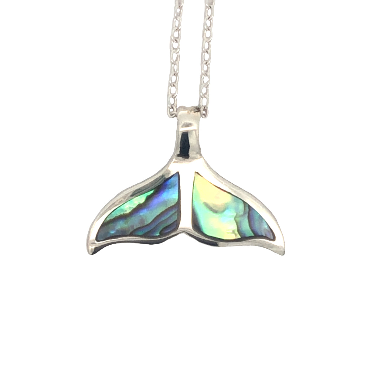 Onatah Sterling Silver Medium Whale Tail Pendant Set With Paua Shell.