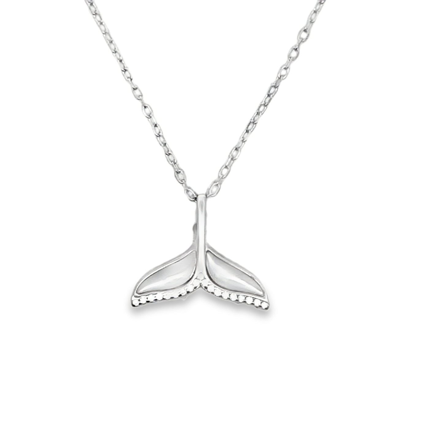 Lustra Sterling Silver Rhodium Plated Mother Of Pearl And Cz Set Whale Tail Pendant With S/S Rh Plated Chain 40Cm With 3 Cm Ext