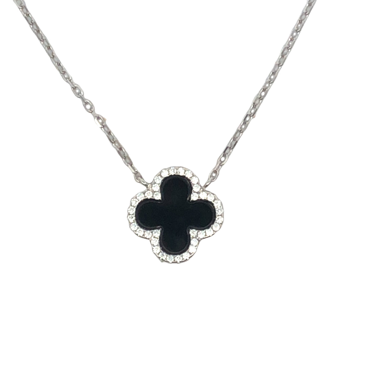 Lustra Sterling Silver Rhodium Plated Four Leaf Onyx And Cz Set Pendant With S/S Rh Plated Chain 40Cm With 3 Cm Ext