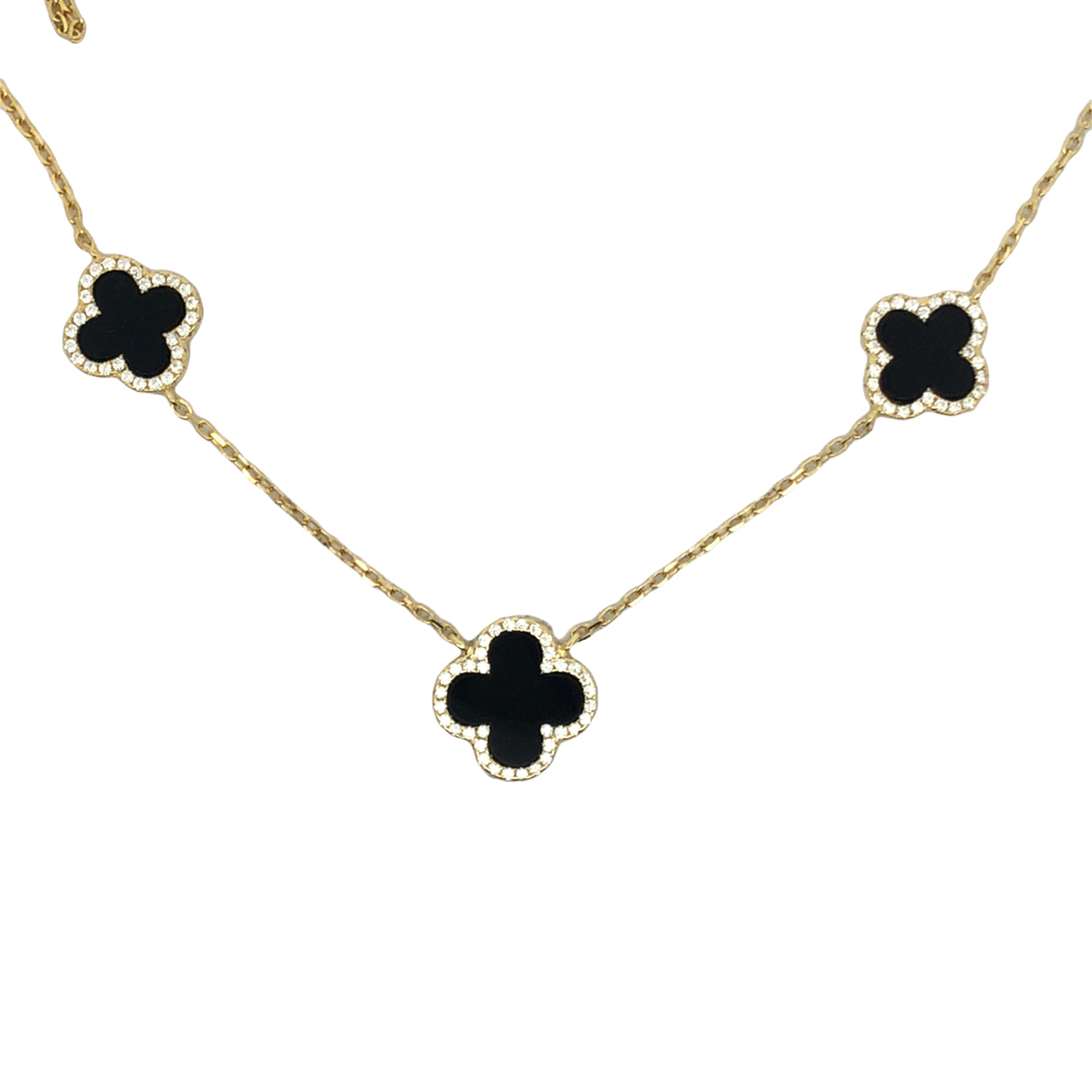 Lustra Sterling Silver Yellow Gold Plated 3 X Four Leaf Onyx And Cz Set Pendant With S/S Yg Plated Chain 40Cm With 3 Cm Ext