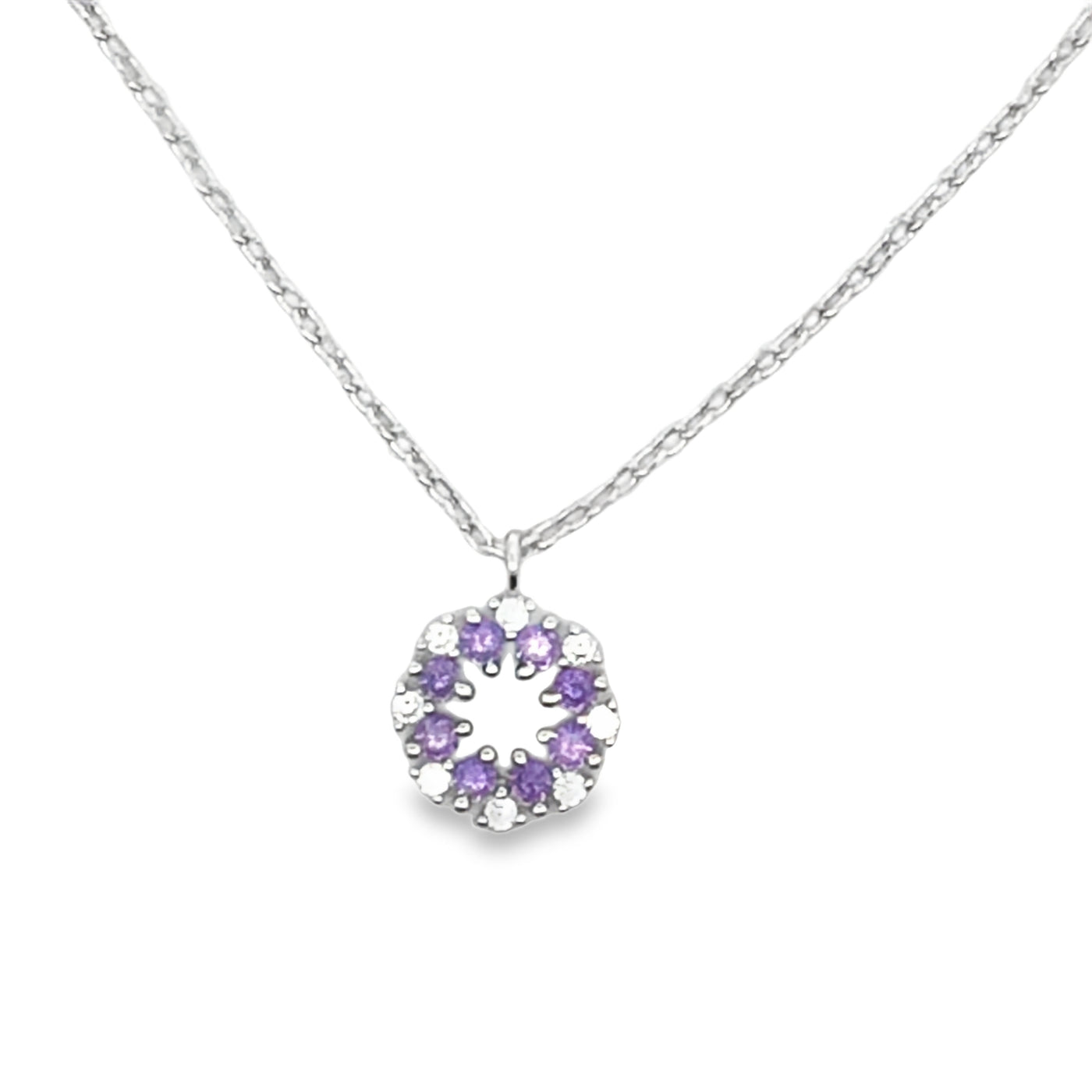 Lustra Sterling Silver Rhodium Plated Circle Set With Purple And White Cz Claw Set Pendant With Rhodium Plated Sterling Silver Chain