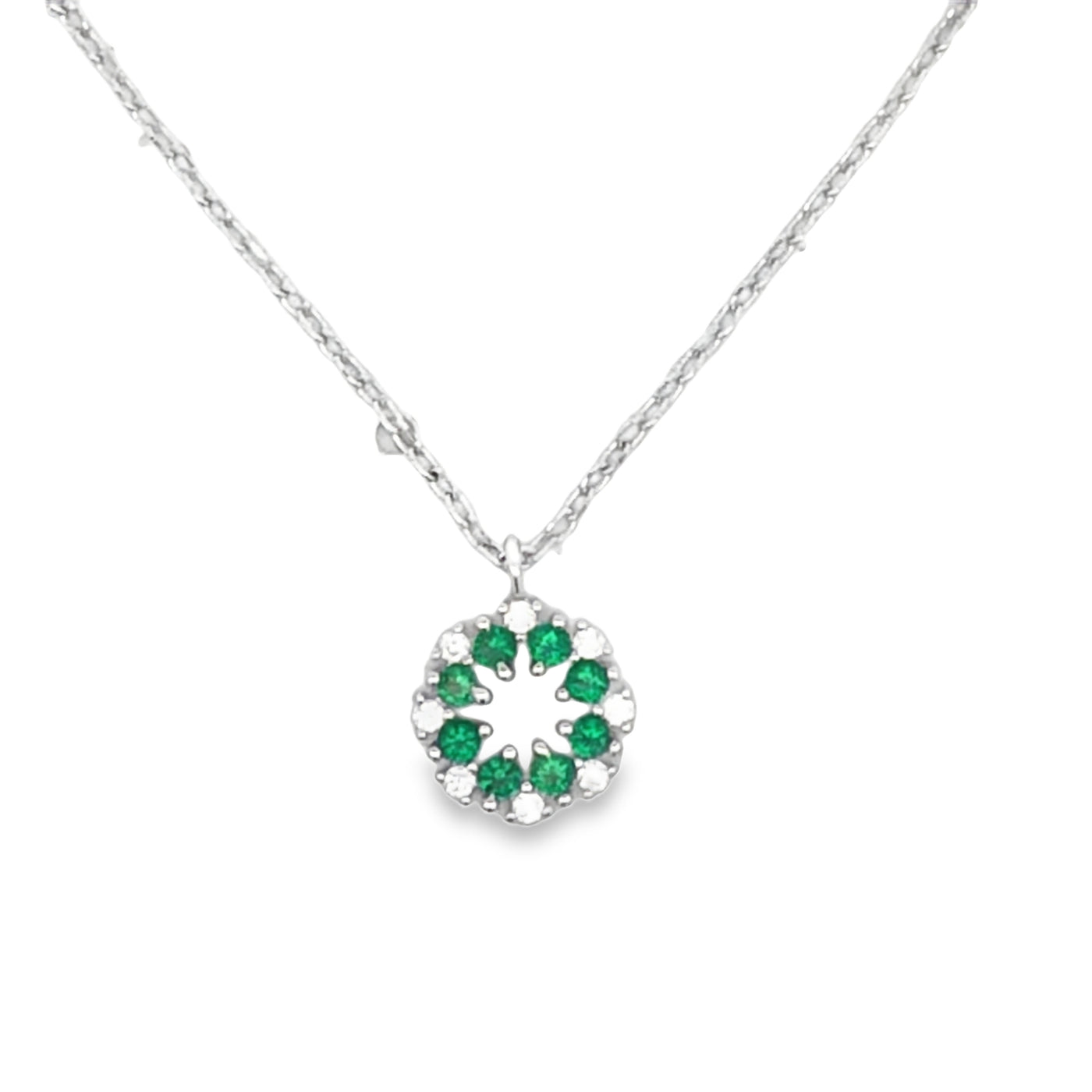 Lustra Sterling Silver Rhodium Plated Circle Set With Green And White Cz Claw Set Pendant With Rhodium Plated Sterling Silver Chain