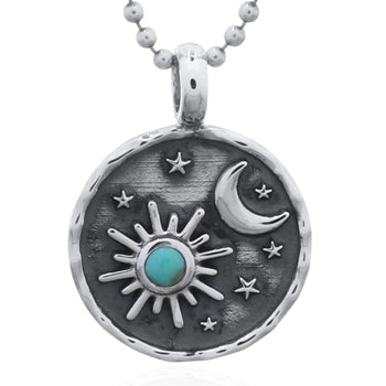 Onatah Sterling Silver Moon And Star Oxidised Disc Pendant Set With Turquoise