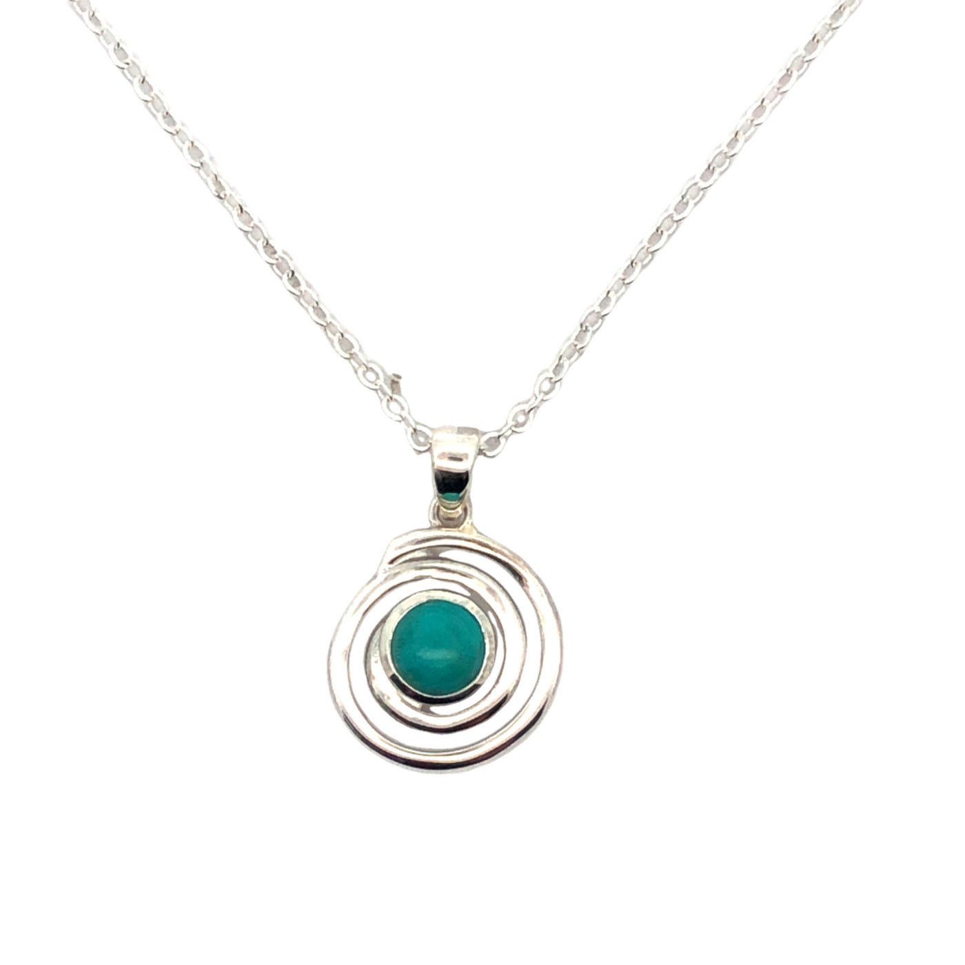 Onatah Sterling Silver Spiral Bezel Set Turquoise Pendant With Silver Plated Display Chain