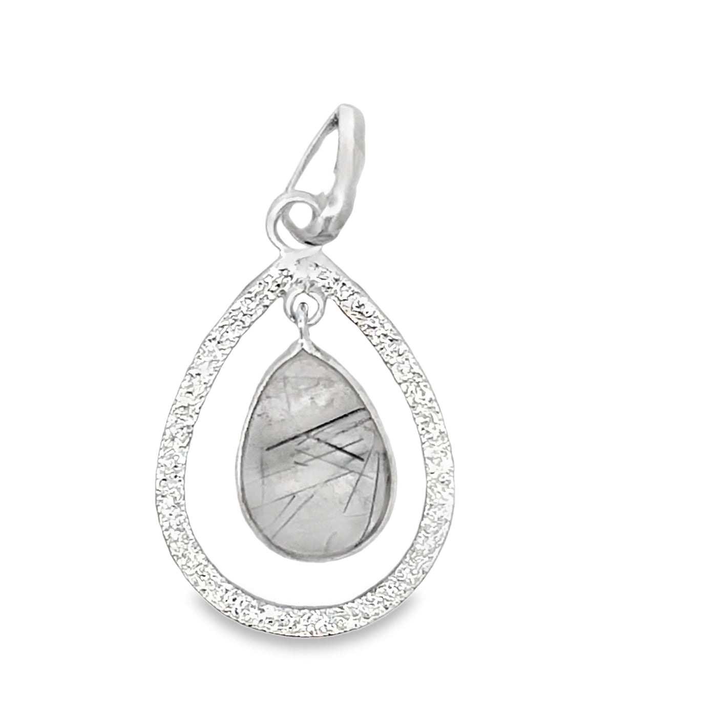 Sterling Silver Open Pear Shape Matt Finished Rutilated Quartz Drop Pendant