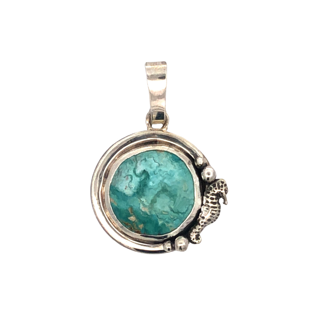 Sterling Silver Handmade Round Shape Narooma Turquoise Pendant Featuring Seahorse. 8.96Ct