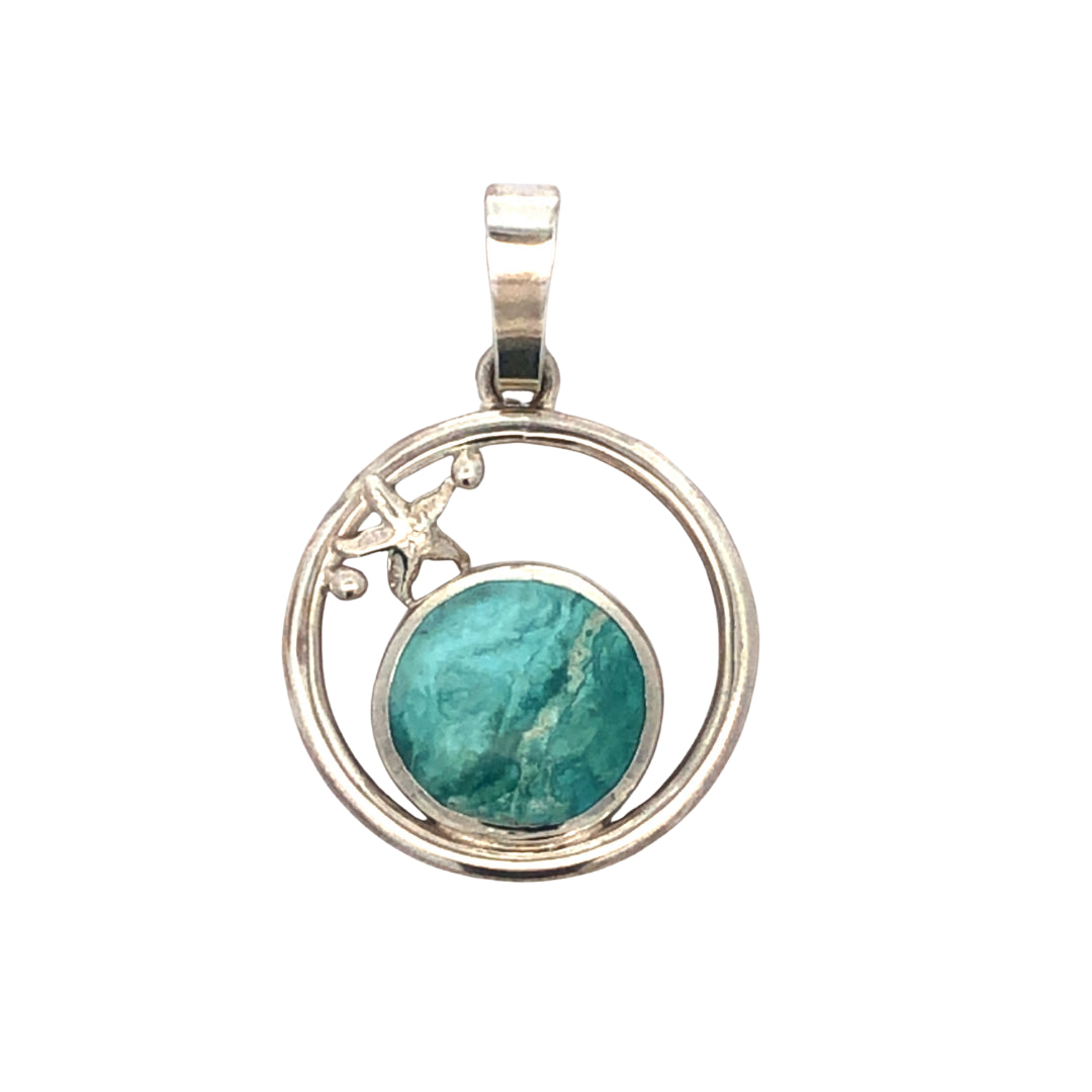 Sterling Silver Handmade Round Shape Narooma Turquoise Pendant Featuring Starfish 6.86Ct