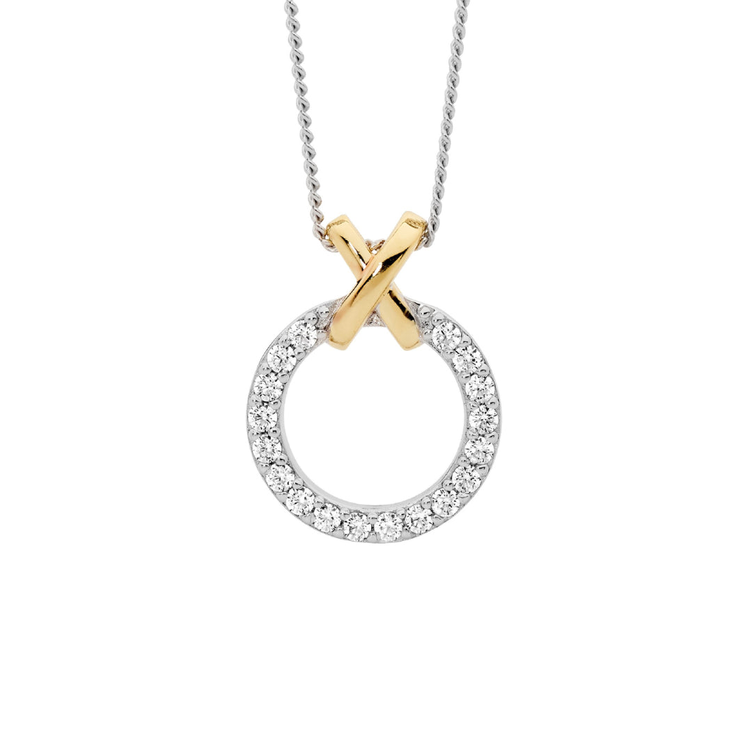 Sterling Silver White CZ Circle Pendant with Gold Plated X Bale