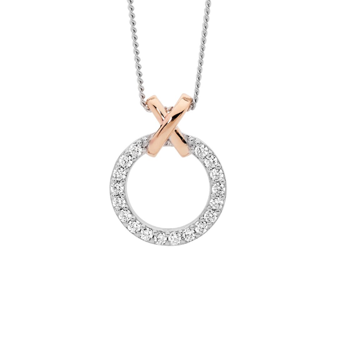 Sterling Silver White CZ Circle Pendant with Rose Plated X Bale