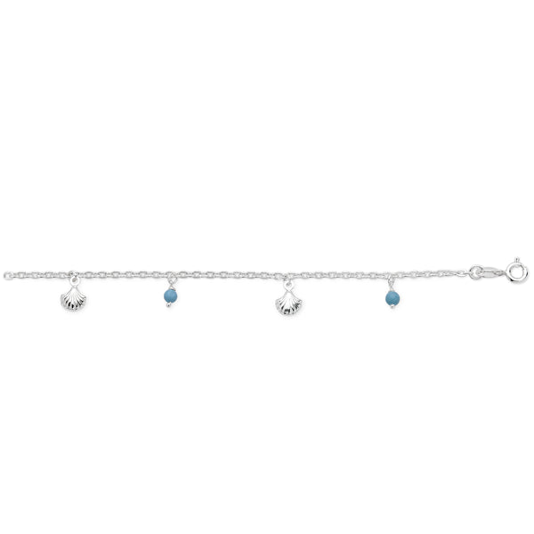 Sterling silver anklet with shells and turquoise balls