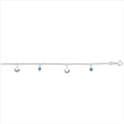 Sterling silver anklet with shells and turquoise balls