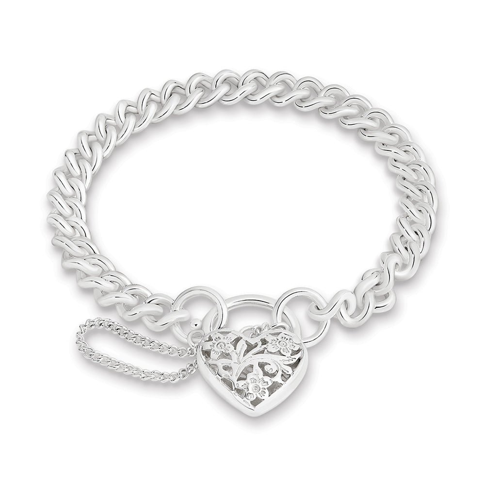 Sterling Silver Filigree Padlock Curb Bracelet 19Cm