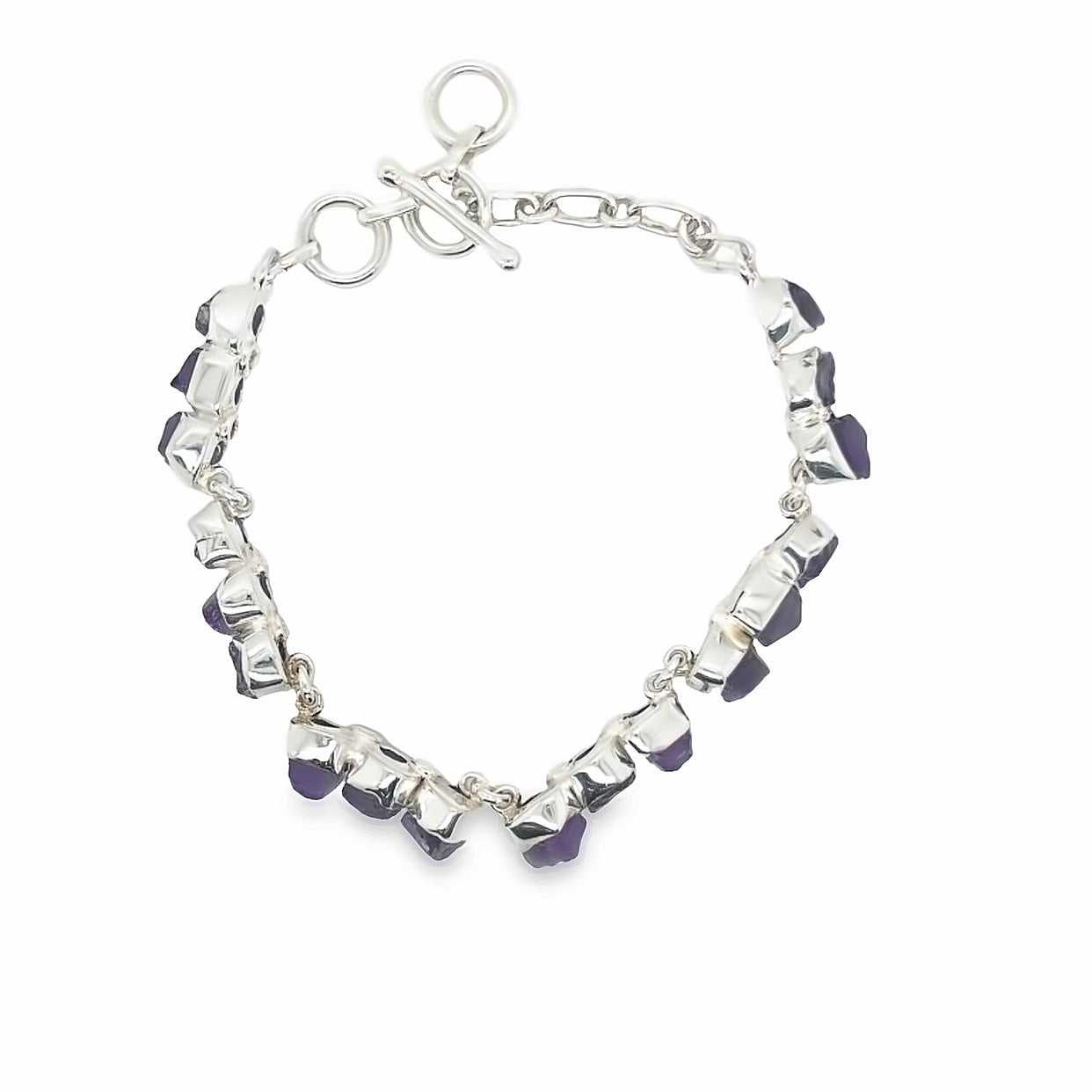 Sterling Silver Bracelet Bezel Set With Rough Amethyst Crystals