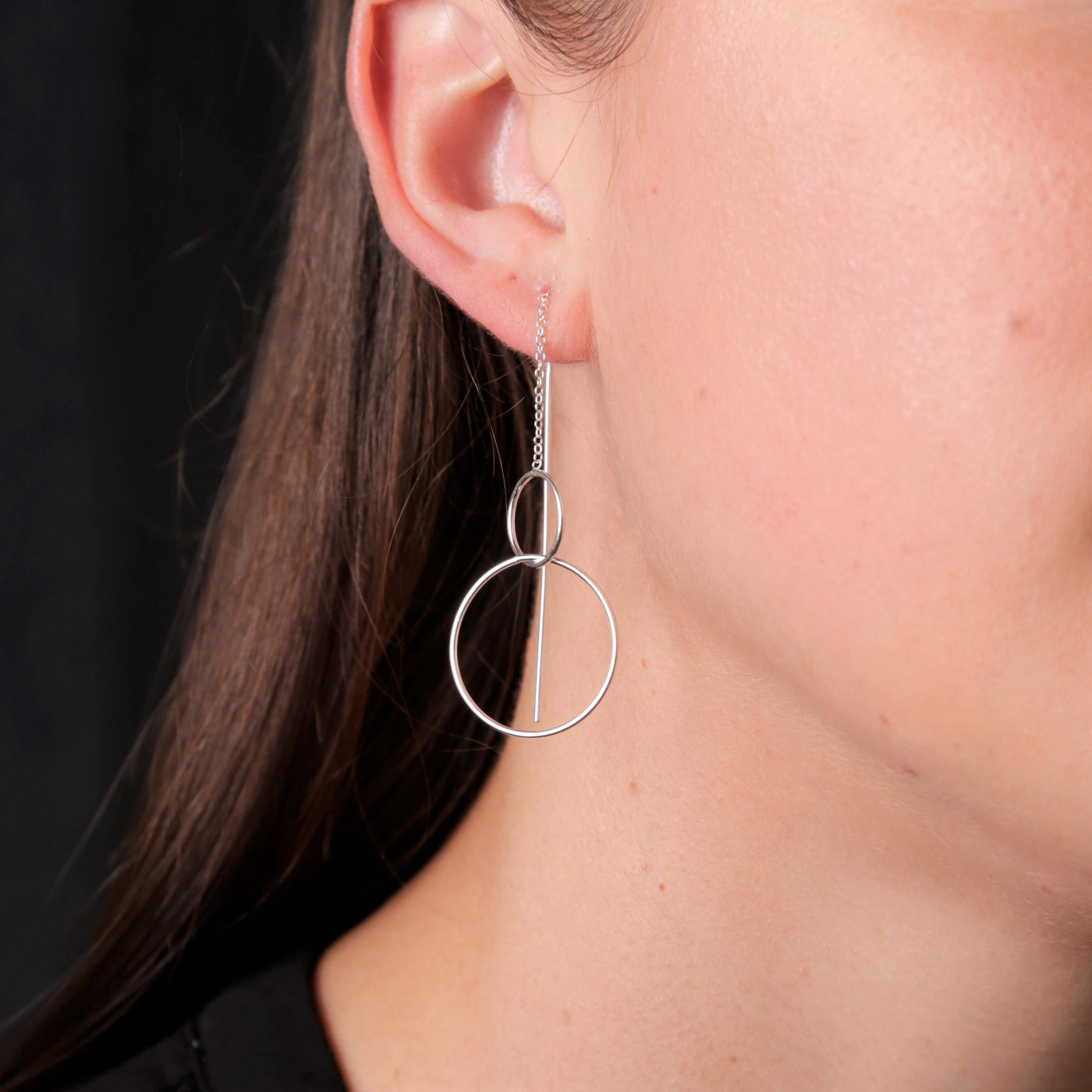 Silver Big Circle, Small Circle Thread Earrings