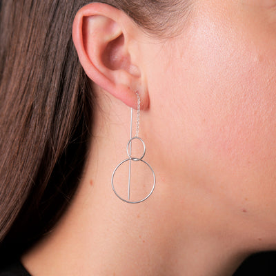 Silver Big Circle, Small Circle Thread Earrings