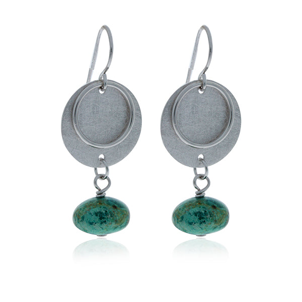 Silver Disc Drop Earrings With Turquoise Ball