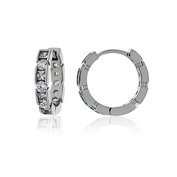 Silver Round Brilliant And Princess Cut Cz Set Huggies