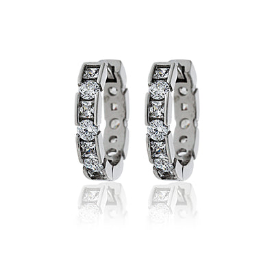 Silver Round Brilliant And Princess Cut Cz Set Huggies