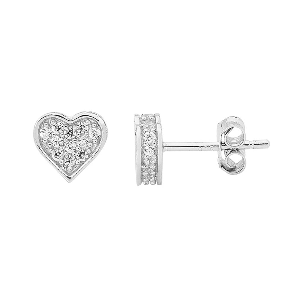 Sterling Silver Cz Pave Flat Heart Earrings