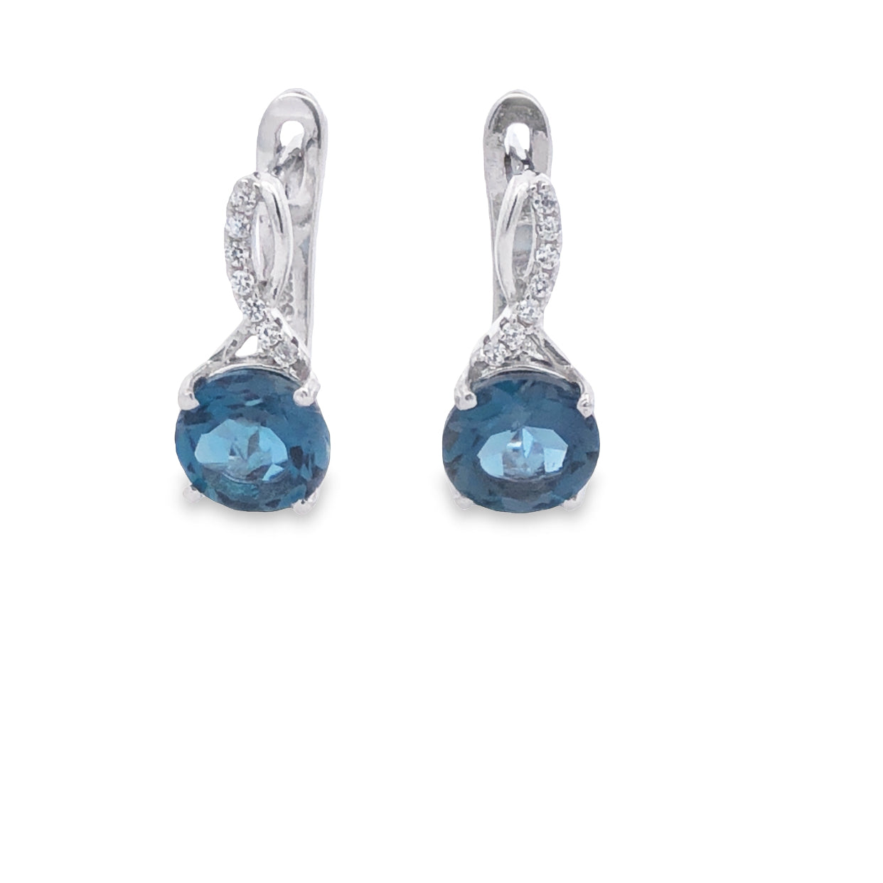 Sterling Silver Rhodium Plated London Blue Topaz And White Cz Set Earrings With Huggie Safety Back
