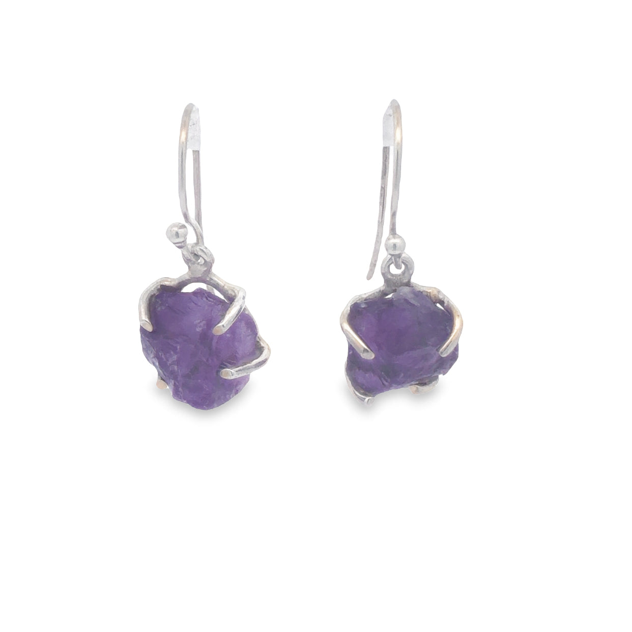 Sterling Silver Rough Amethyst Crystal Drop Earrings With Shephooks