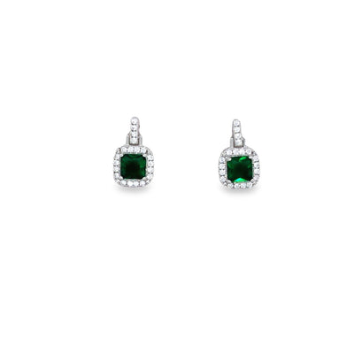 Sterling Silver Green And White Cz Square Halo Drop StudS
