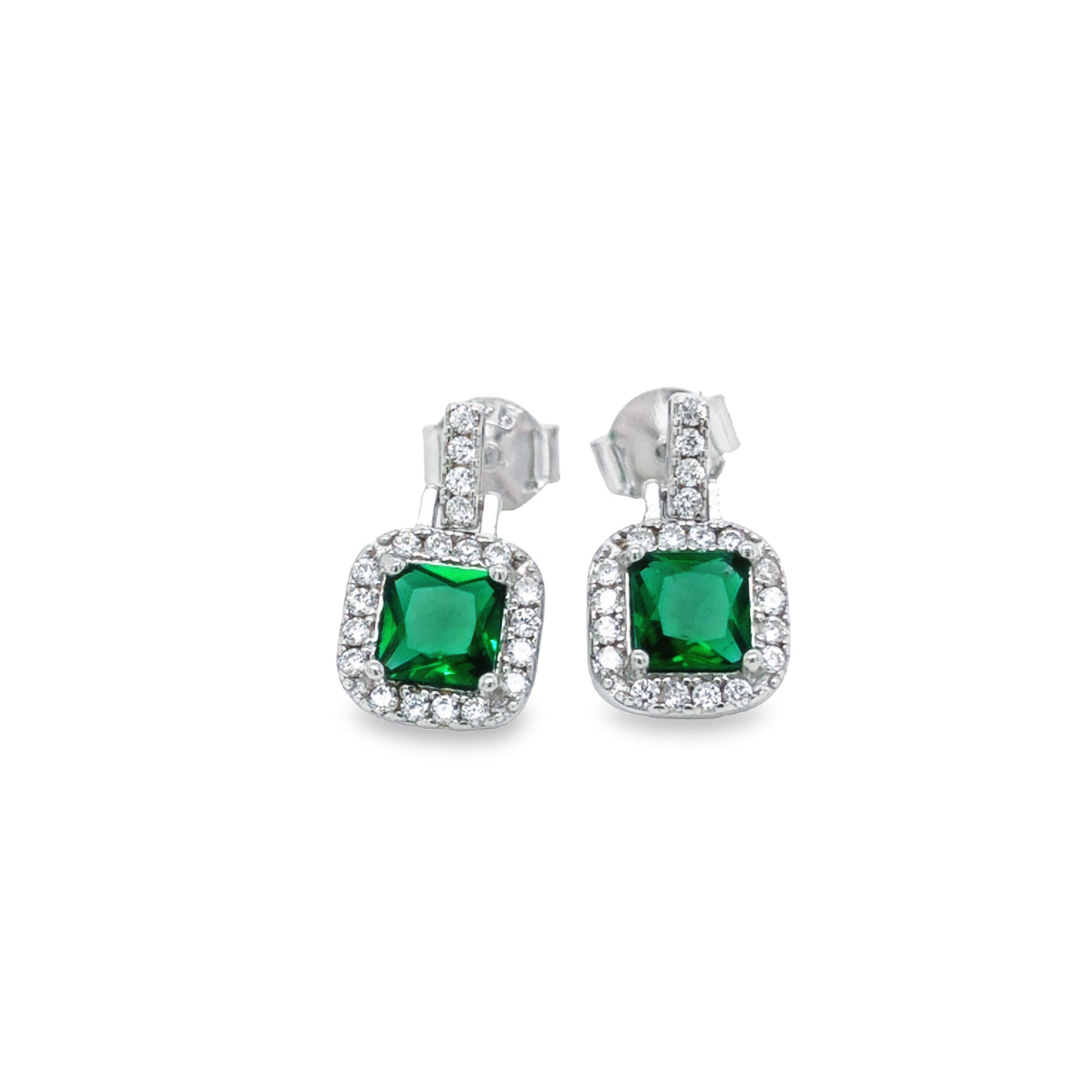 Sterling Silver Green And White Cz Square Halo Drop StudS