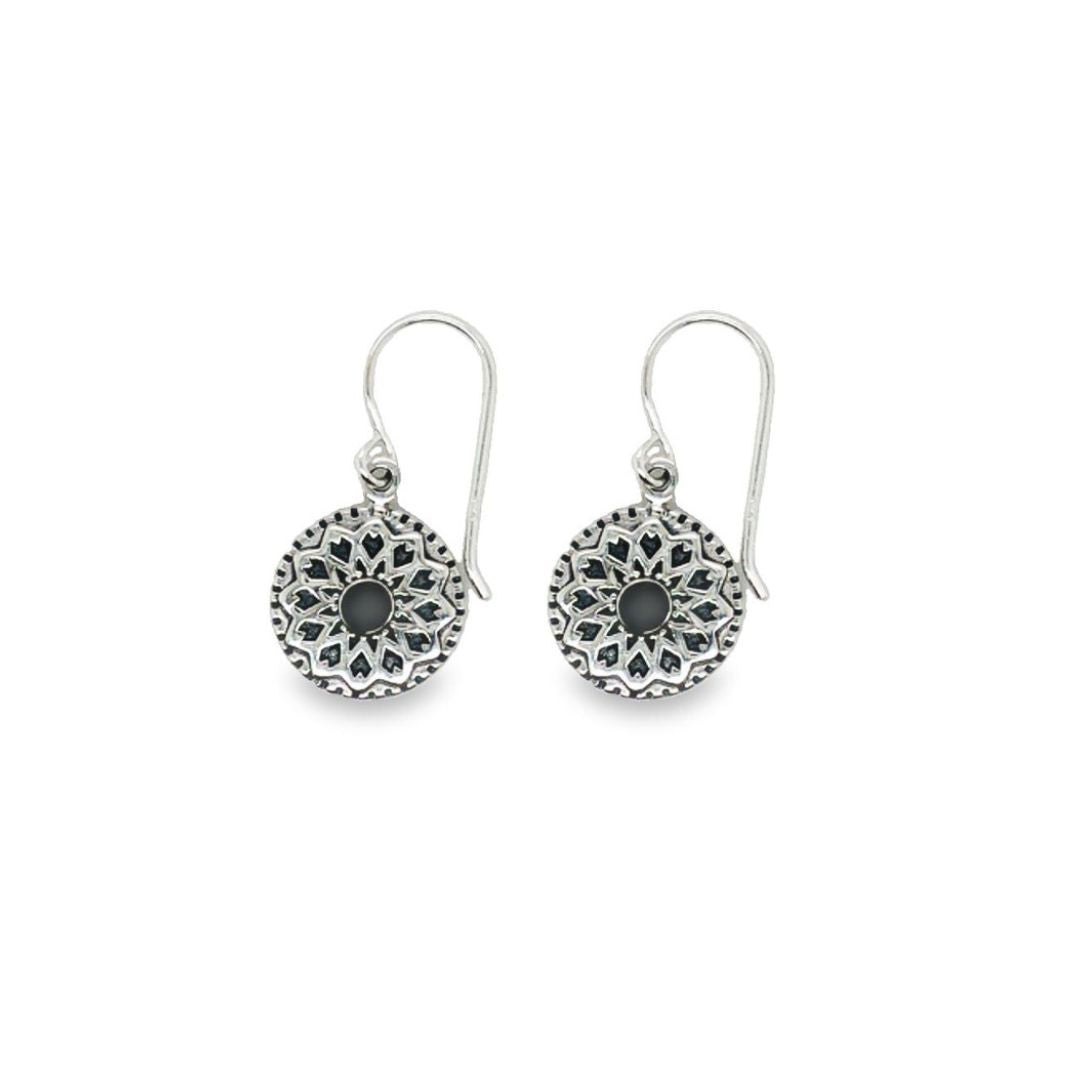 Silver Onyx Mandala Earrings With Shep Hooks