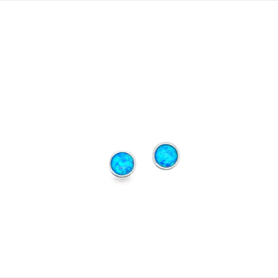 Silver Round Blue Opalite Bezel Set Stud Earrings