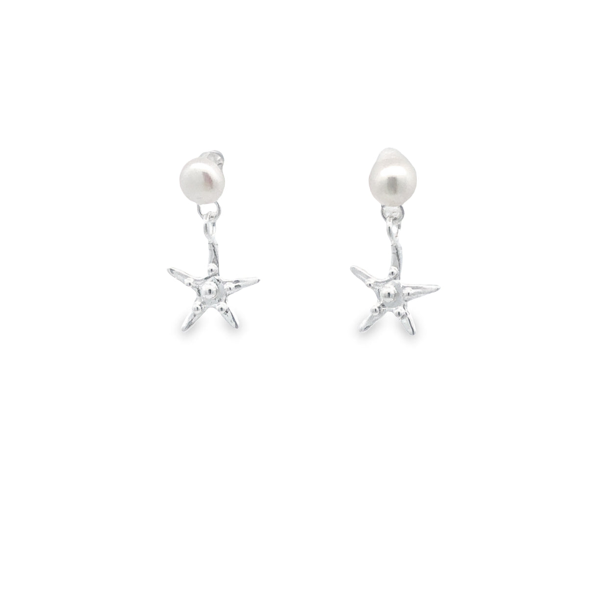 Sterling Silver Pearl With Starfish Dangle Stud Earrings