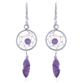 Onatah Sterling Silver Dreamcatcher Purple Drop Earrings With Shephooks