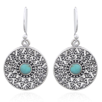 Onatah Sterling Silver Sun Calendar Drop Turquoise Earrings With Shep Hooks