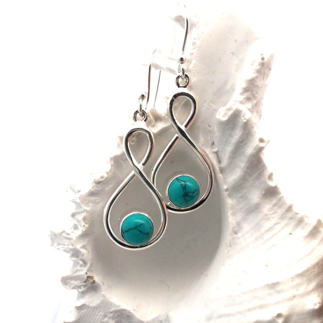 Sterling Silver Infinity Drop Bezel Set Turquoise Earrings With Shephooks