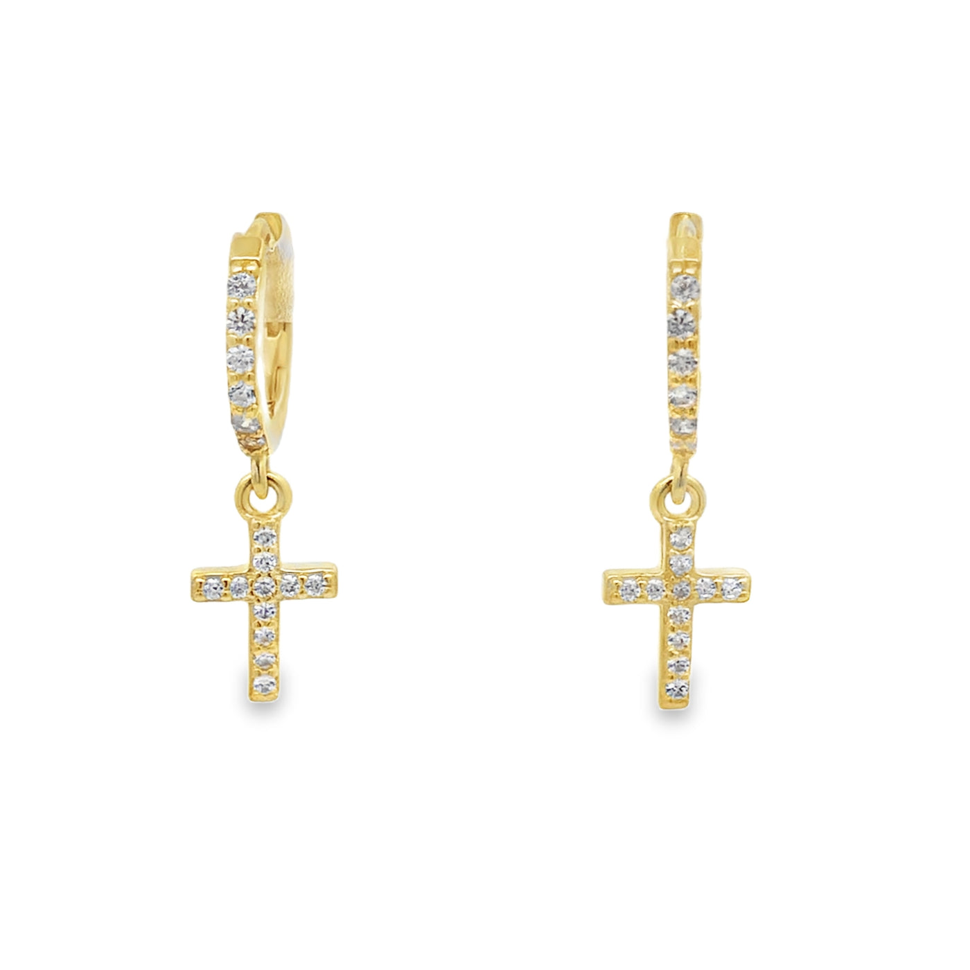 Lustra Sterling Silver Gold Plated Cz Set Huggies With Cross Drop