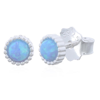 Onatah Sterling Silver Round Created Blue Opalite Stud Earrings With Milgrain Edge