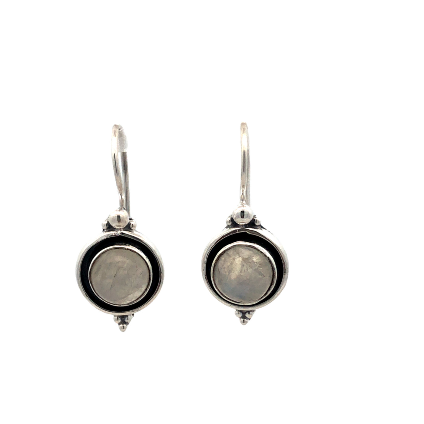 Onatah Sterling Silver Round Moonstone Drop Earrings With Oxidized Edge And Fixed Shephooks