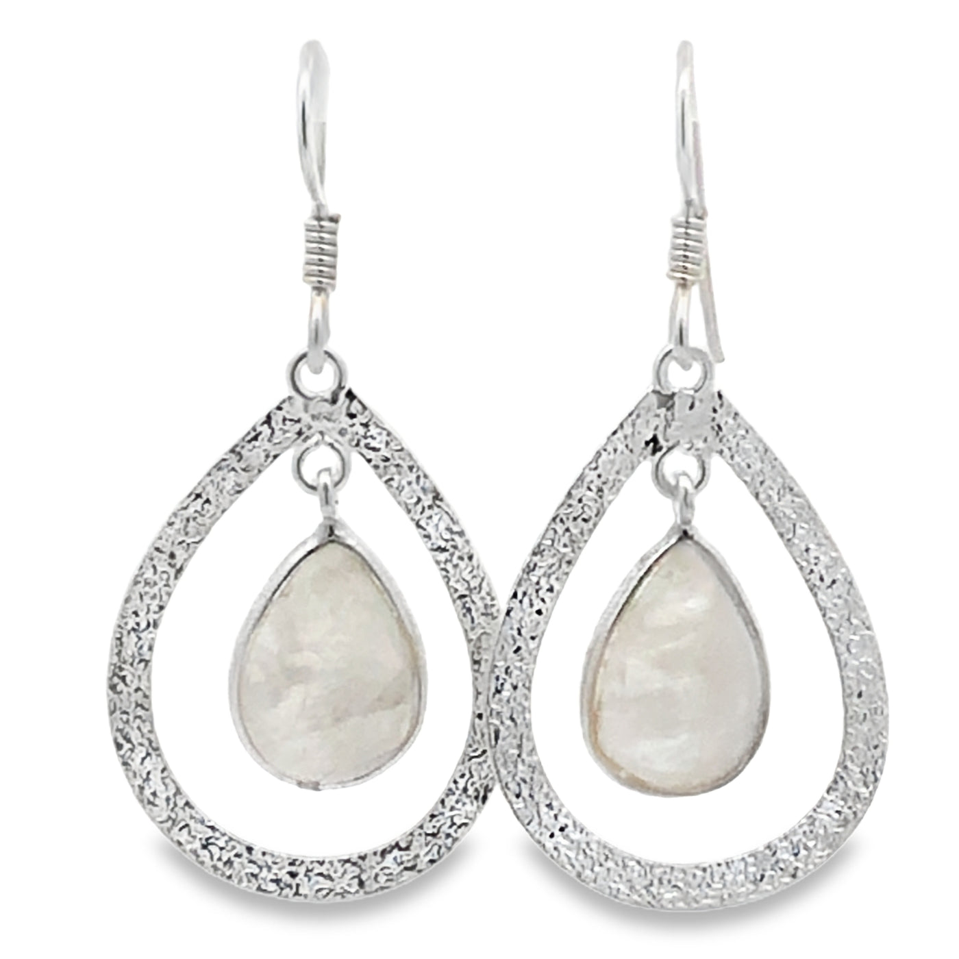 Sterling Silver Open Pear Shape Matt Finished Moonstone Drop Earrings With Shephooks