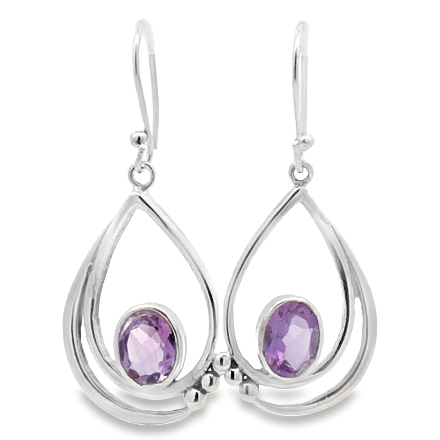 Onatah Sterling Silver Teardrop Shaped Swirl And Ball Amethyst Shep Hook Earrings