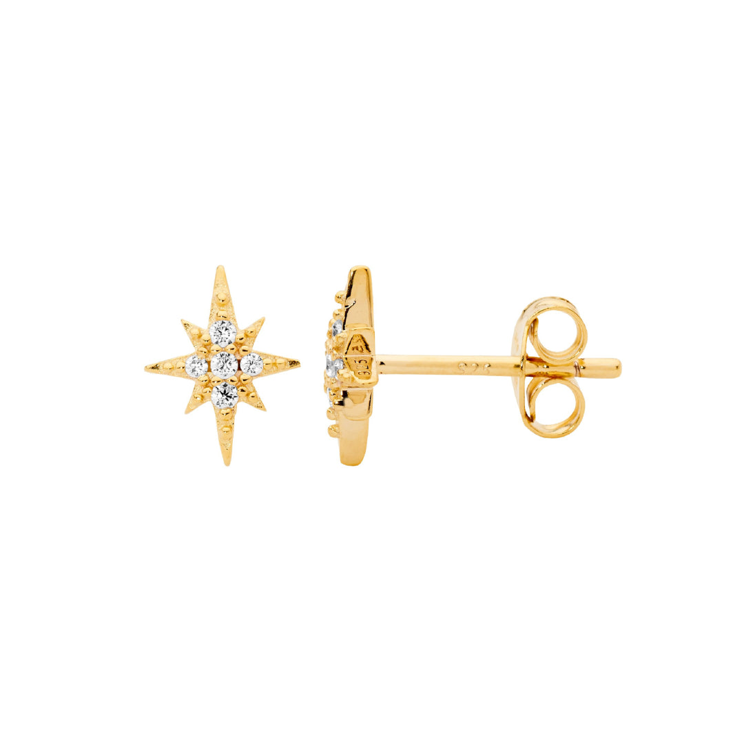 Sterling Silver Gold Plated CZ Star Stud Earrings