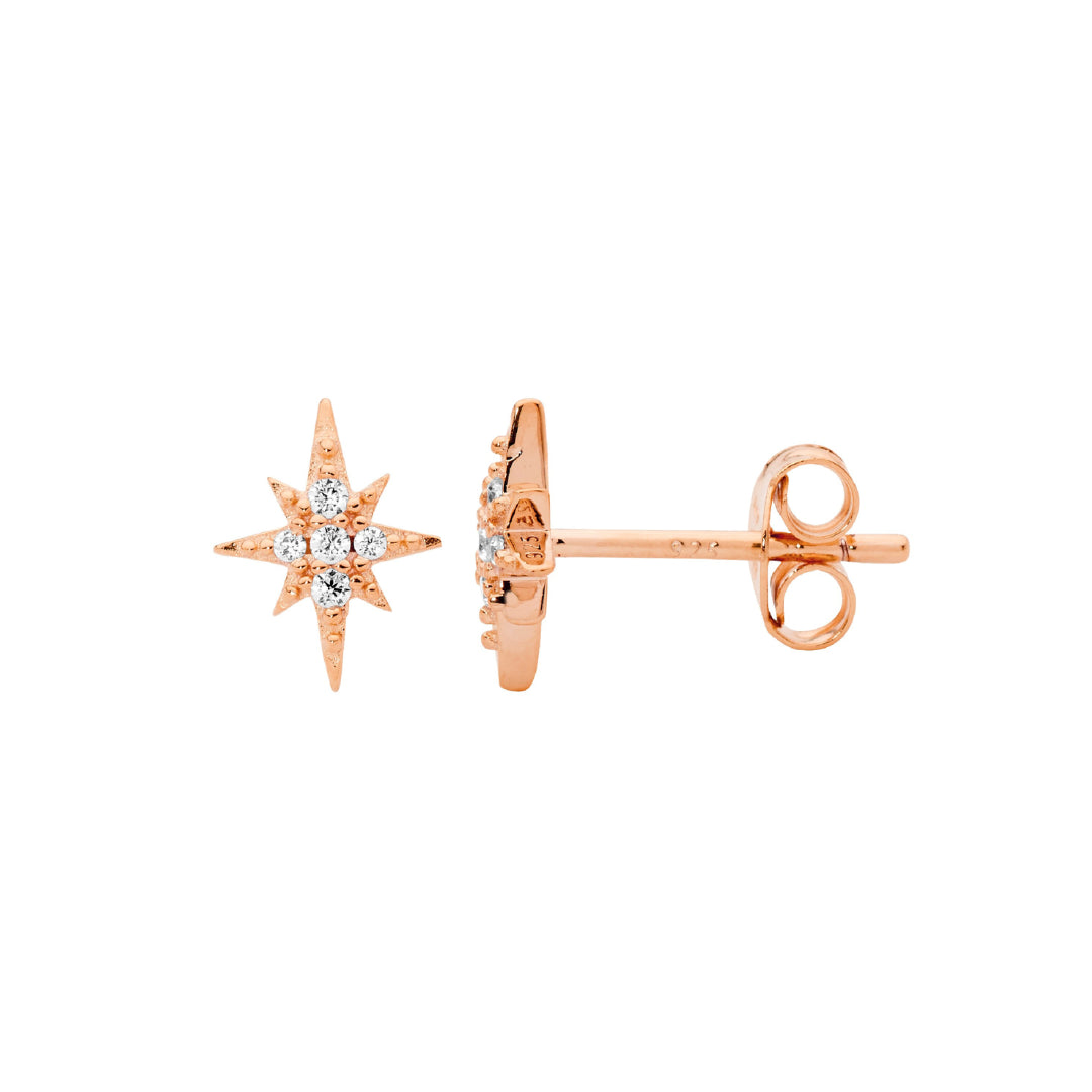 Sterling Silver Rose Gold Plated CZ Star Stud Earrings