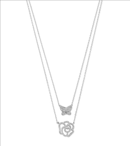 Sterling Silver Double Layer Necklace With Cubic Zirconia Butterfly And Flower