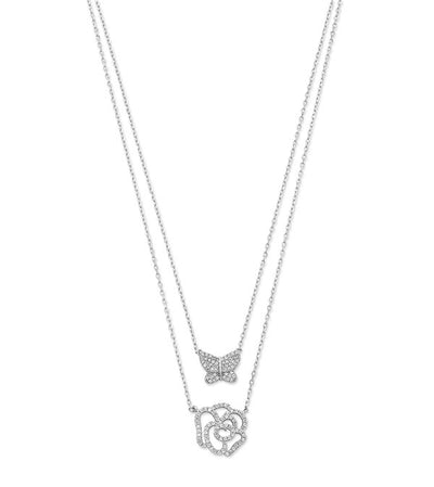 Sterling Silver Double Layer Necklace With Cubic Zirconia Butterfly And Flower