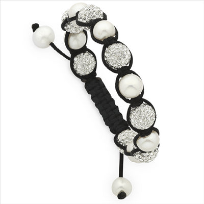 White Crystal Beads and Fresh Water Pearls On Black Nylon Thread Braided Bracelet